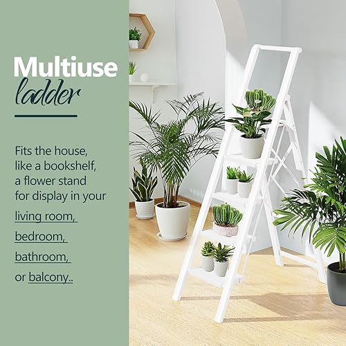 Miniatura 7 de Escalera de 5 peldaños con peldaños anchos, escalera ligera portátil con asa, escalera plegable de aluminio con pies antideslizantes, fácil de