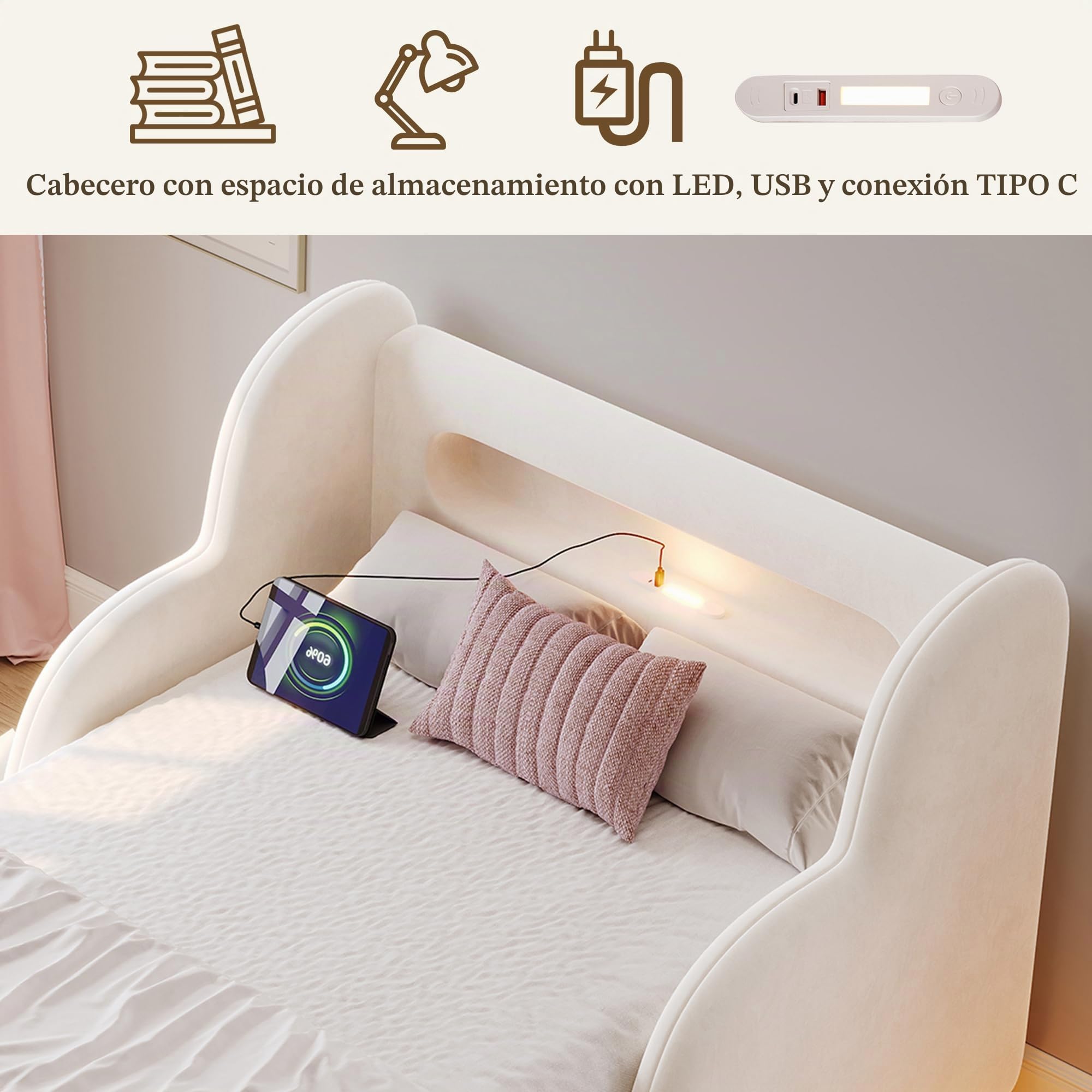 Cama acolchada para niños de 90 x 200 cm, cama individual con barandilla protectora, con luz nocturna y puerto de carga USB y compartimentos de almacenamiento, patas de cama de madera maciza