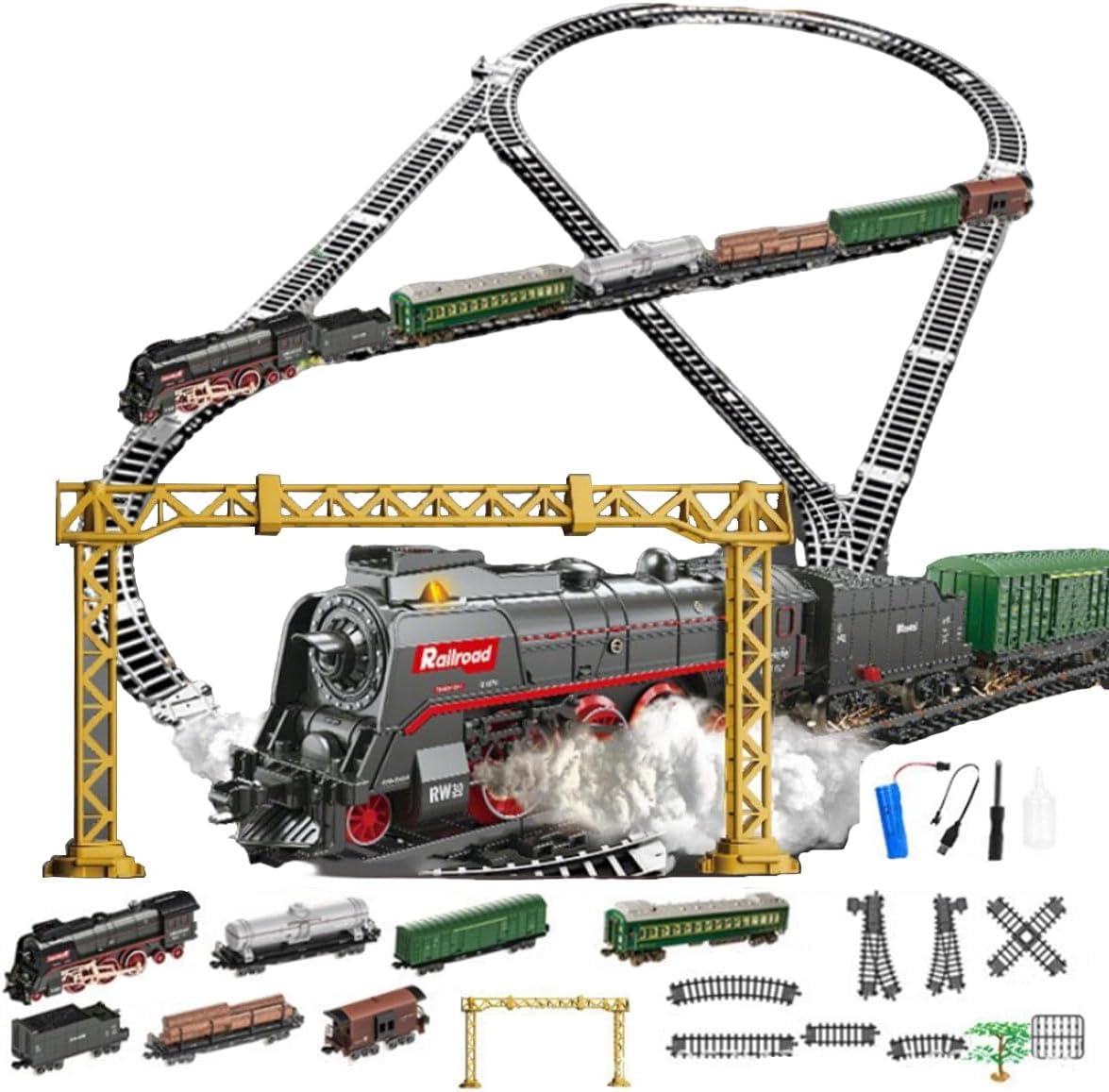 Retro Steam Train Model Building Blocks, Remote Controlled Christmas Train Set with Steam, Light & Sound, RC Railway with Long Rail & Locomotive, Steam Train Model for Adults