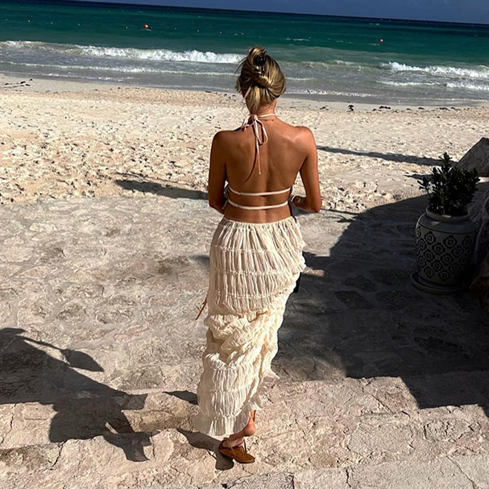 Ensemble 2 pièces en mousseline de soie pour femme – Haut court dos nu à lacets sans manches et jupe longue plissée fluide taille haute pour soirée, événements, vacances à la plage