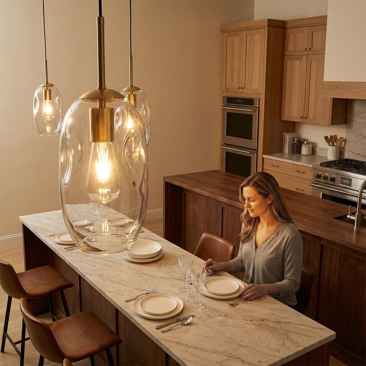 6in Modern Kitchen Pendant Lights, Brass Color Pendant Light Fixtures with Hand-Blown Clear Glass Light Fixture for Kitchen Island Sink Dining Room Bedroom Hallway, 1-Light