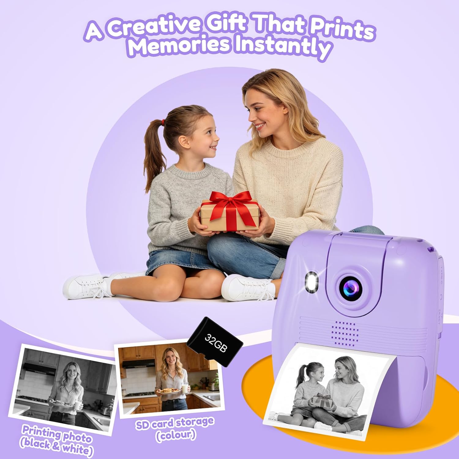 Contents of the GKTZ Kids Instant Print Camera package, including the camera, paper rolls, SD card, USB cable, lanyard, and stickers.