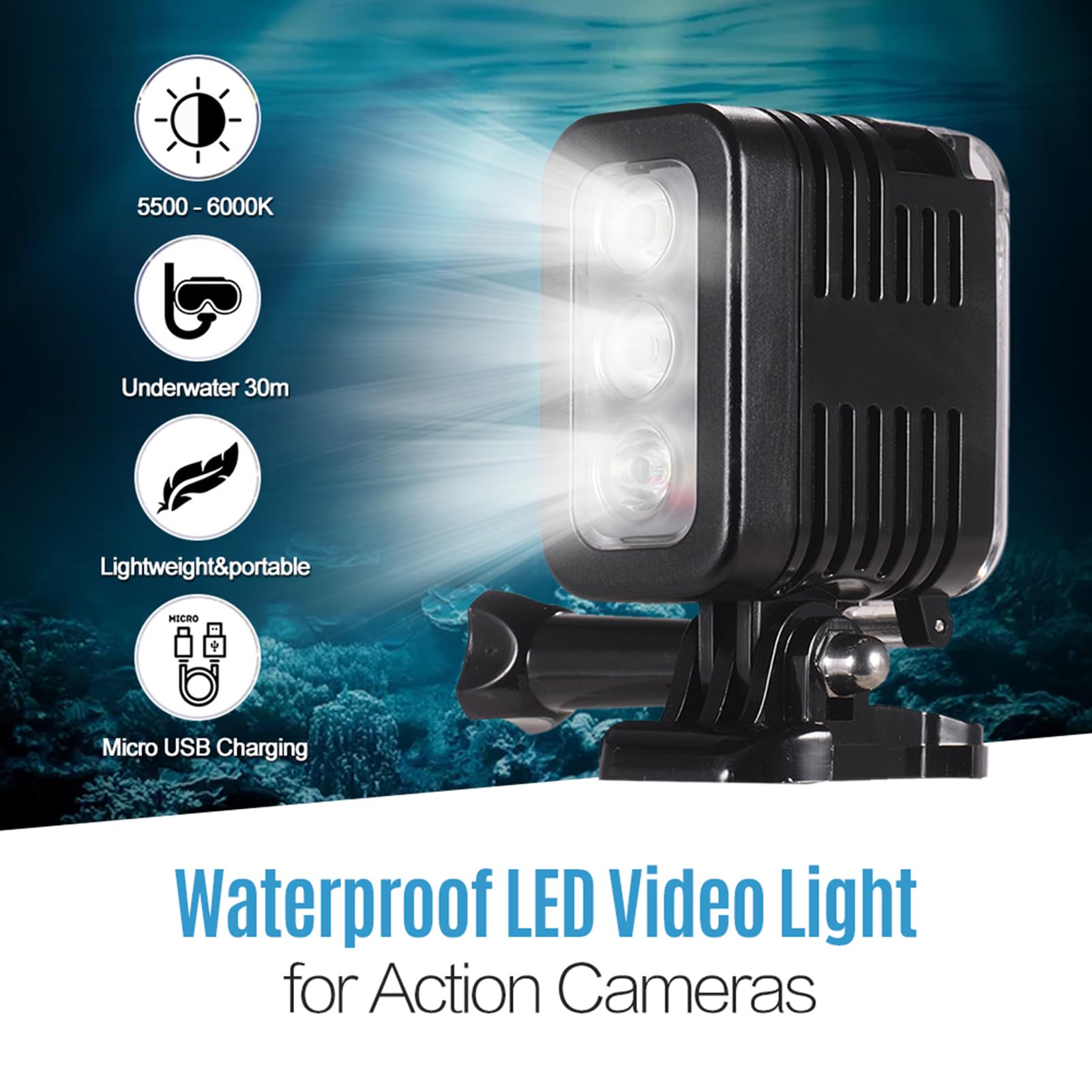 FILFEEL Luce Video a LED, Luce Subacquea Subacquea 5500 6000K 300Lux 30m Grandangolo con 6 modalità Luce, per Fotocamere Yi Action