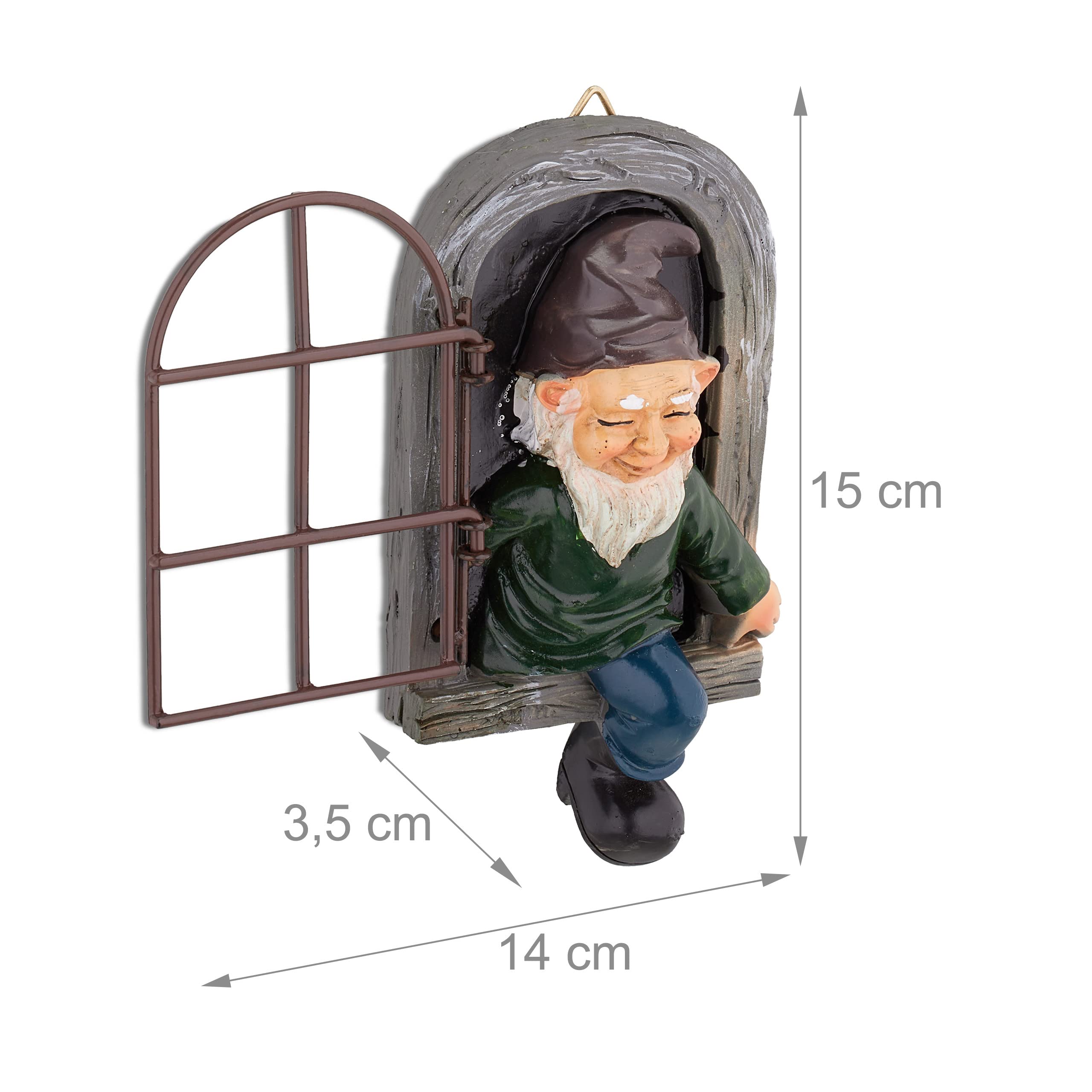 Relaxdays Krasnal z oknem, odporny na warunki atmosferyczne, dekoracja pnia drzewa, wys. x szer.: 15 x 8 cm, skrzat drzewa do zawieszenia, sztuczny kamień, kolorowy