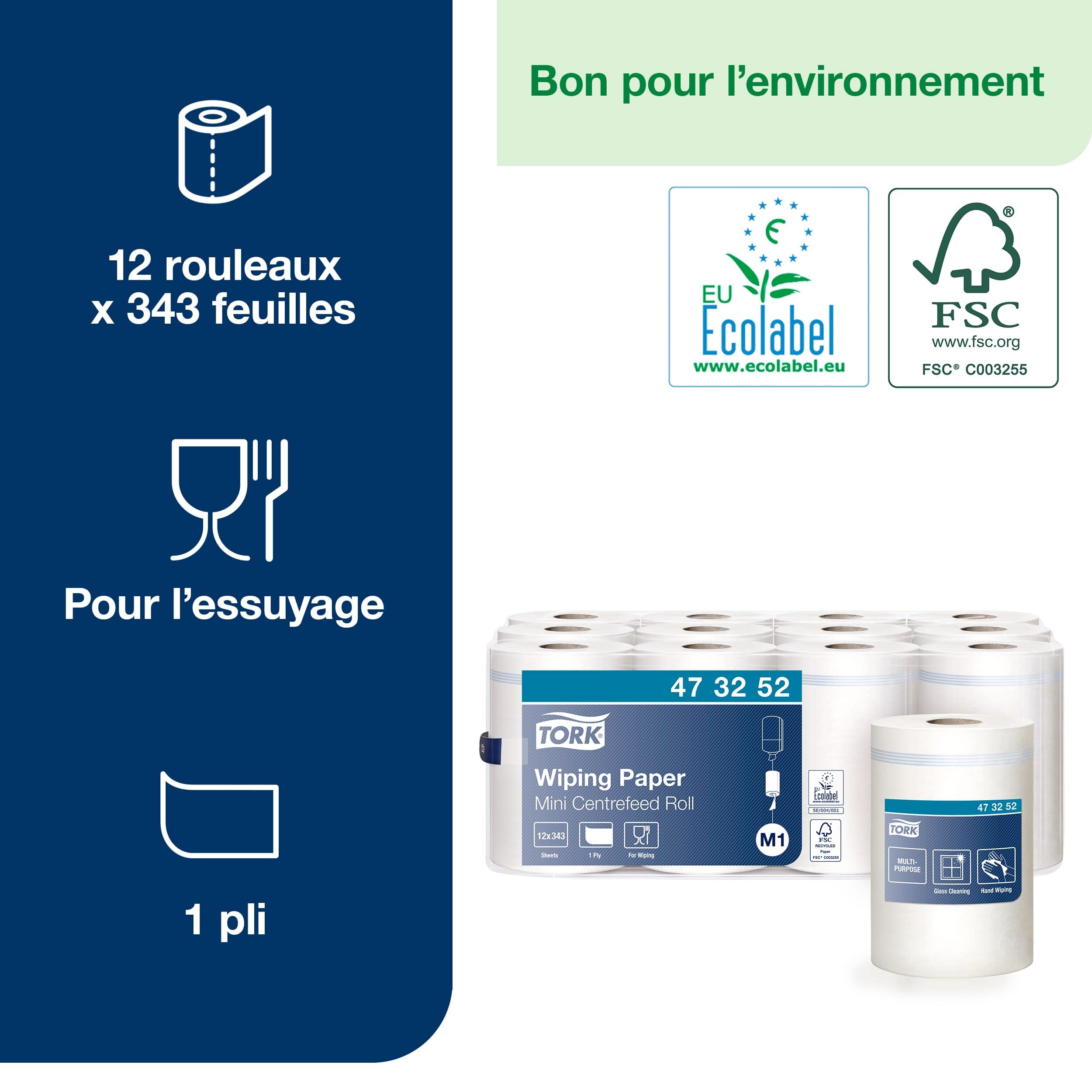 Tork Papier d'Essuyage à Dévidage Central blanc M1, Essuyage Mains et Surfaces, 12 x 343 feuilles, 473252