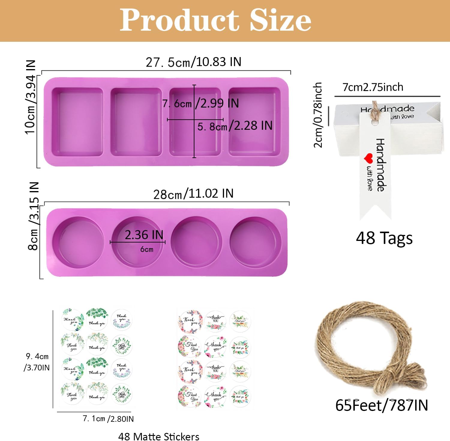 DIY Soap Making Kit with 2 Silicone Molds, 48 Thank You Stickers, 48 Gift Tags, 65ft Twine, Handmade Soap Crafting Set