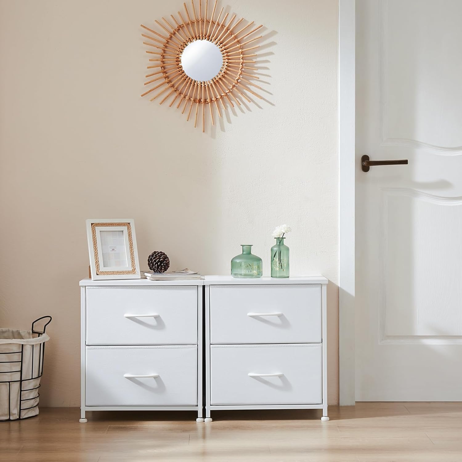 2 Drawer Nightstand Set of 2, Small Dresser with Fabric Storage Bins, Versatile Bedside Table for Bedroom, Living Room, Dorm, or Entryway, Compact End Table with Sturdy Wood Top, White