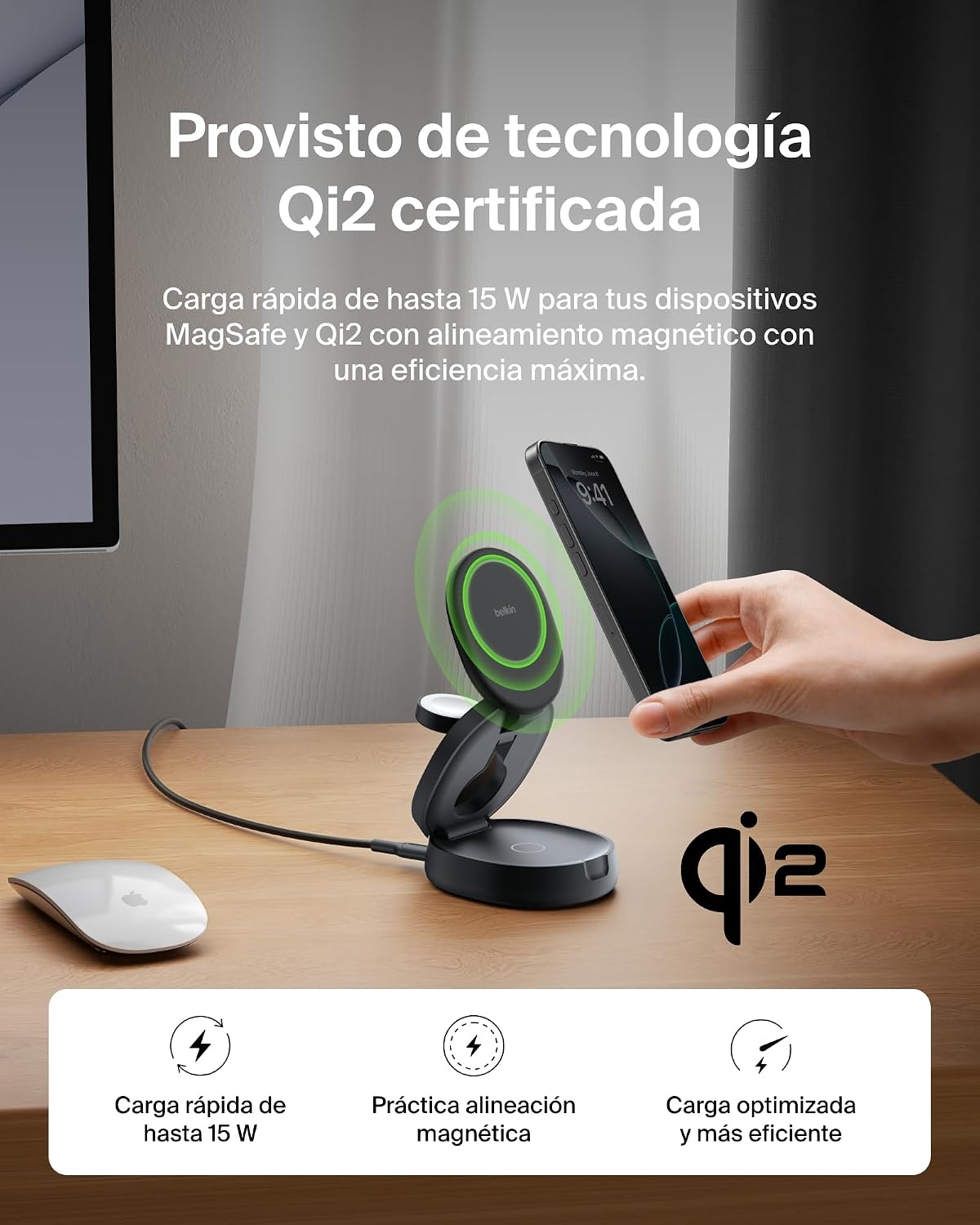Belkin BoostCharge Cargador Inalámbrico Compatible con MagSafe, Estación de Carga Inalámbrica 3 en 1 de 15W, Certificación Qi2, iPhone 17, Air, Pixelsnap, Apple Watch y AirPods, Adaptador 36W – Negro 5
