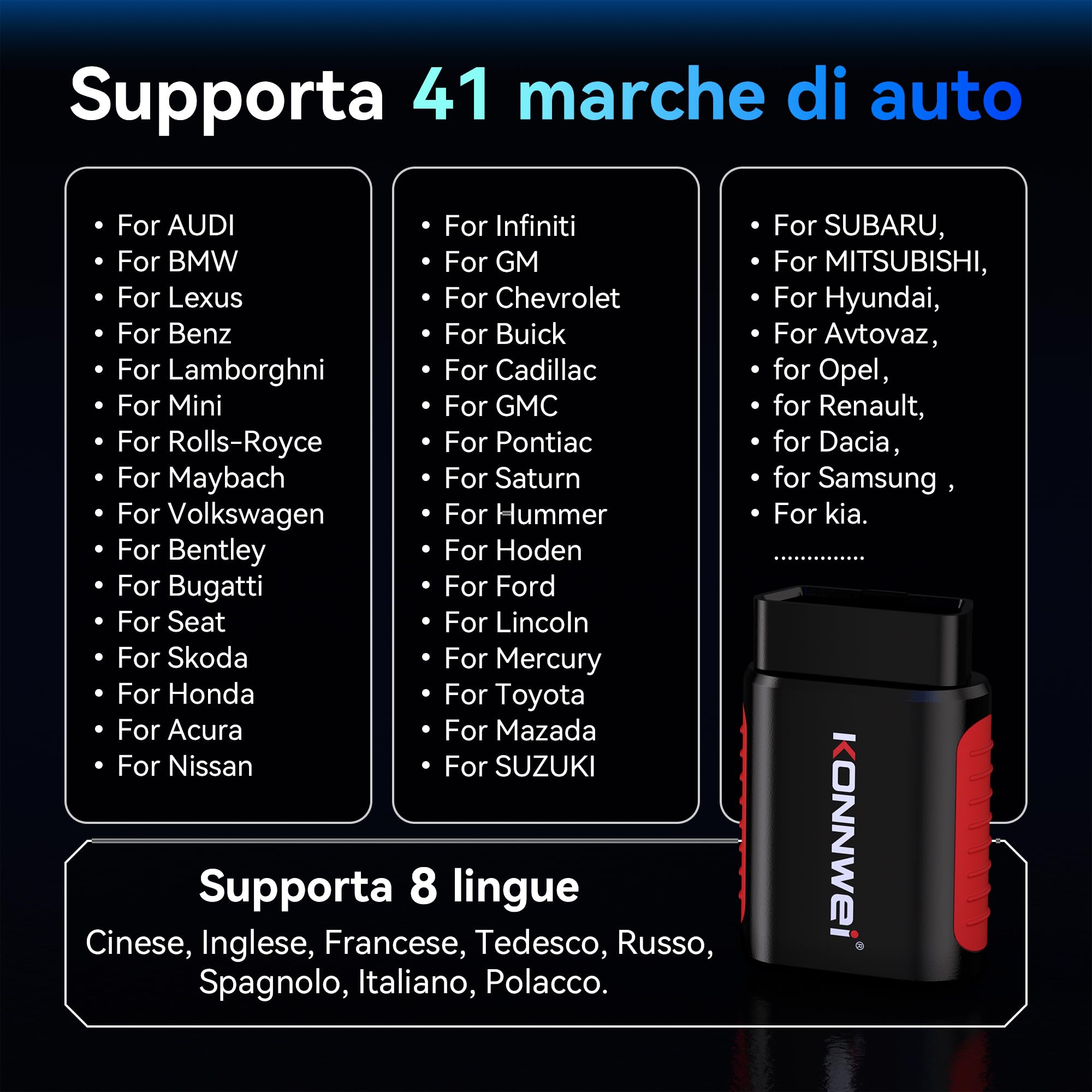 KONNWEI KDIAG OBD2 Scanner Bluetooth, tutti i sistemi diagnostici, 5 reset, lettore di codici auto per controllare il motore, test delle prestazioni del veicolo per iOS e Android, senza abbonamento
