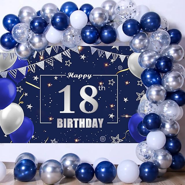 18th Birthday Decorations for Boys Girls 18 Happy Birthday Decorations Navy Blue and Silver White Happy 18th Birthday Banner Backdrop Birthday Balloons for Men 18 Years Old Birthday Party Supplies