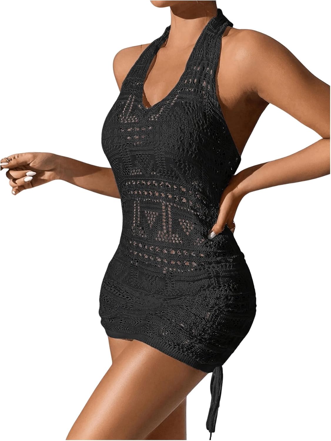 SHENHE Women's Hollow Out Cover Up Dress Drawstring Side Halter Sleeveless Beach Swimsuit - Image 3