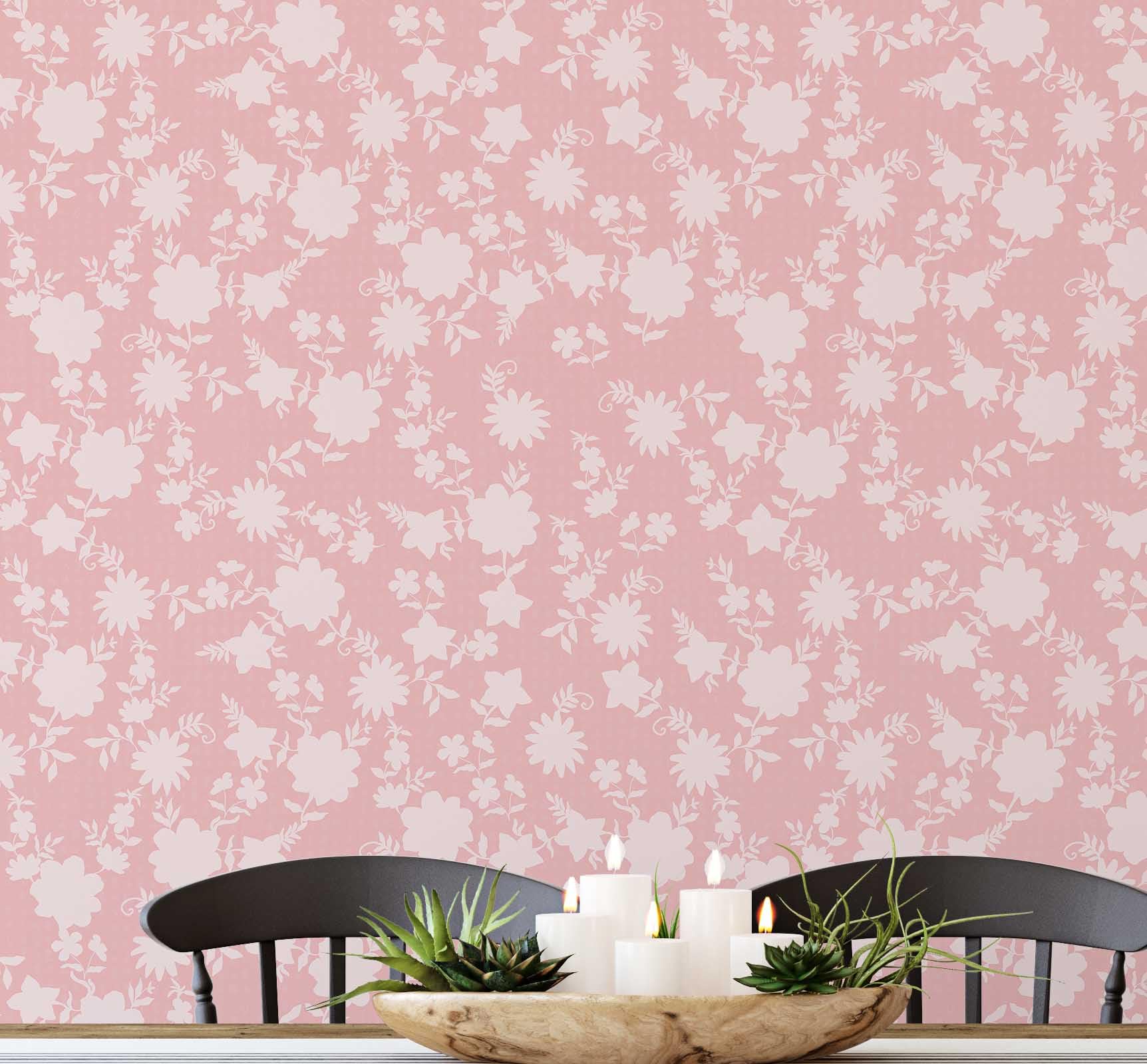 Papier peint vinyle S4Sassy au fini mat rose pâle et impression pétales premium