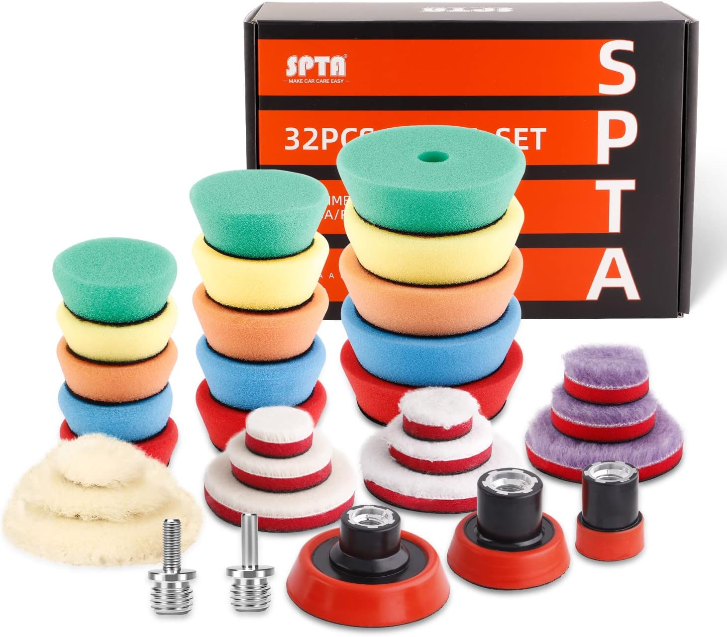 SPTA 29pcs Drill Buffing Pad Detail Polishing Pad Mix Size Kit with 5/8-11 Thread Backing pad & Adapters for Car Sanding, Polishing, Waxing (32Pcs Mini Detail Polishing Sets)