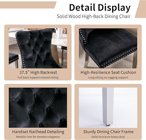 Miniatura 5 de Juego de 2 sillas de comedor tapizadas de lujo, sillas de cocina negras con patas de metal plateado, silla de comedor con respaldo copetudo de