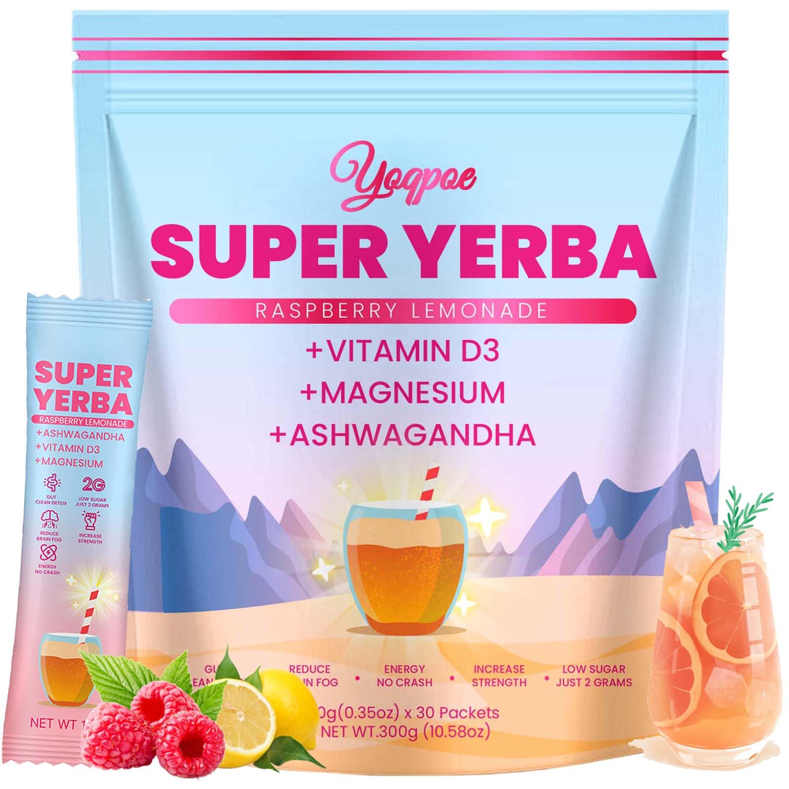 Super Yerba, Super yerba packets, Yerba Mate Instant Tea Powder,3-in-1 Super Drink Mix, Raspberry Lemonade Flavor - 30 Servings (1)