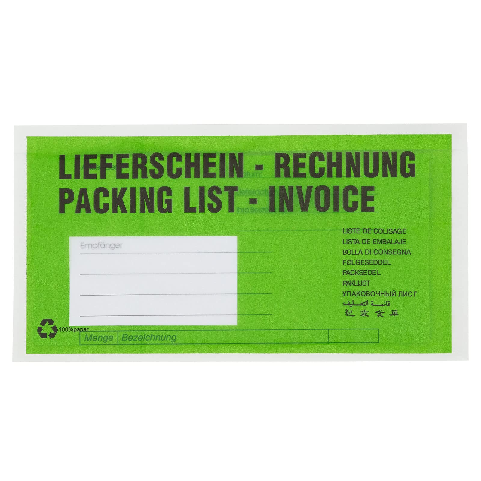 KK Verpackungen Lieferscheintaschen 240 x 135 mm | 250 Stück, Pergamin Papier 22 g/m² | DIN Lang selbstklebend | 9 Sprachen Aufdruck