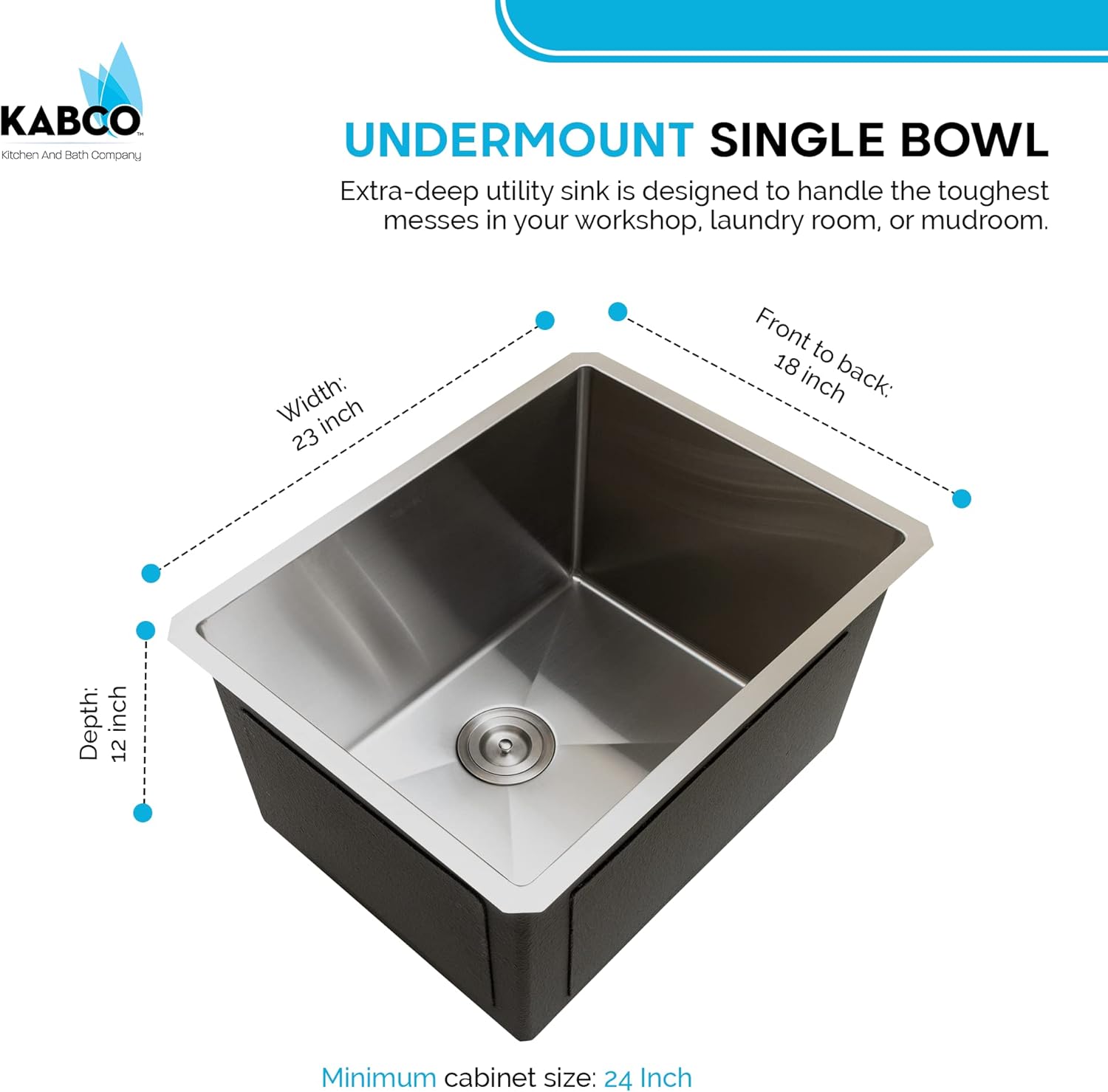 KABCO 23 Inch 18 Gauge Stainless Steel Undermount Laundry Utility Sink, Laser Cut Rust, Sound and Heatproof Single Bowl Laundry Sink with Sink Strainer and Removable Garbage Basket