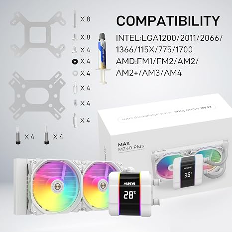 ALSEYE M240 Plus CPU Liquid Cooler, Temperature Displayed ARGB AIO CPU Water Cooler with 240mm Radiator & Dual 120mm ARGB PWM Fans, Support Intel AMD, LGA1700 Compatible (White)