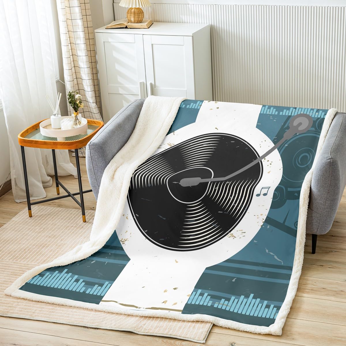 Loussiesd Musik Disc Kuscheldecke Musikal Wohndecke für Kinder Erwachsene Vintage Decke 150x200cm Bunt Flanell Fleecedecke Musik Disk Blau Schwarz Zimmer Dekor für Couch