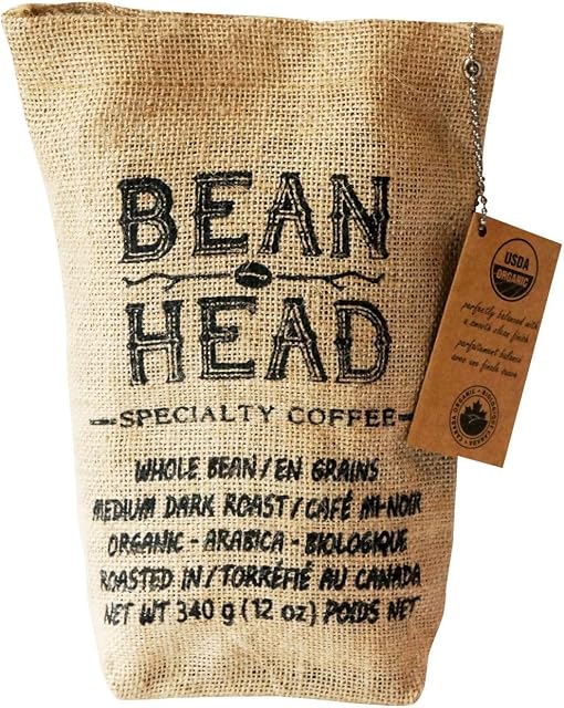 Bean Head Specialty Coffee, Medium Dark Roast, Whole Bean, Certified Organic, Roasted in Canada, 340g, Fairtrade, Kosher Coffee