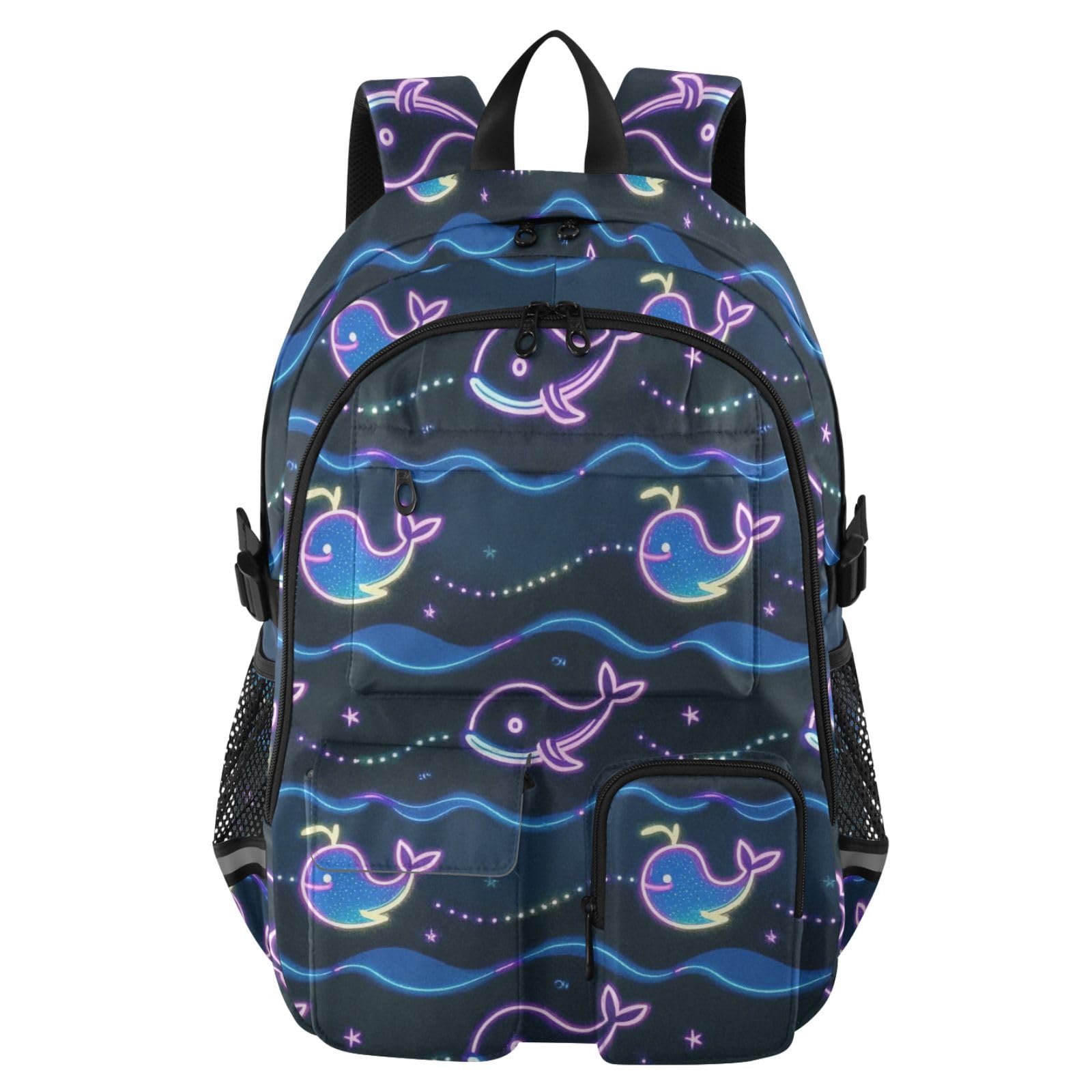 Mochila de viaje grande de ballena azul y ondas para libros escolares de niñas 8