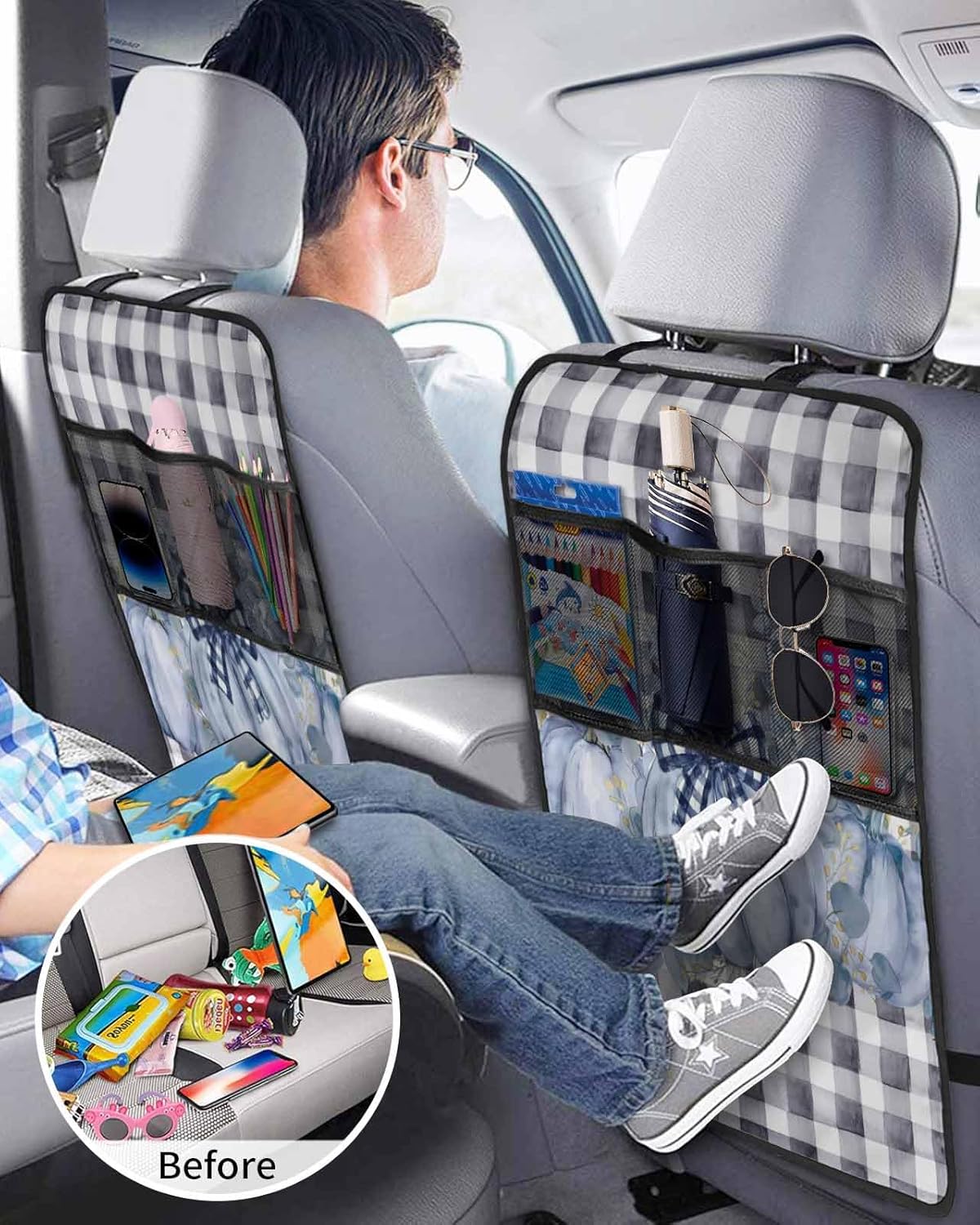 Car Seat Protector, 2 Pack Kick Mats with Organizer - 3 Pocket Storage, Fall Thanksgiving Blue Pumpkin Eucalyptus Leaves Plaid Back Seat Cover for Kids Universal Fit Automotive Interior Protectors
