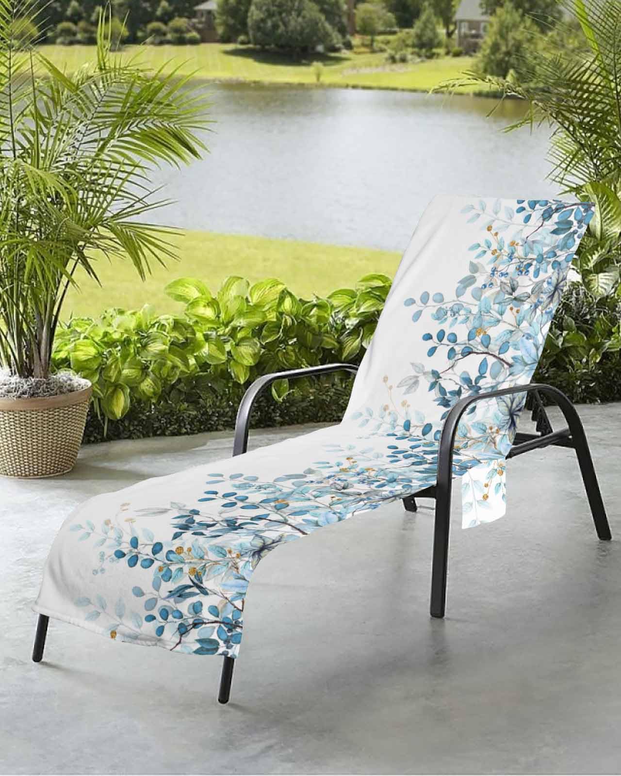 Watercolor Eucalyptus Beach Chair Towel Covers for Chaise Lounge With Side Pocket, Soft Plush Pool Towels Cover for Patio Sunbathing Outdoor 29''x85'' Blue Leaves Botanical Plant