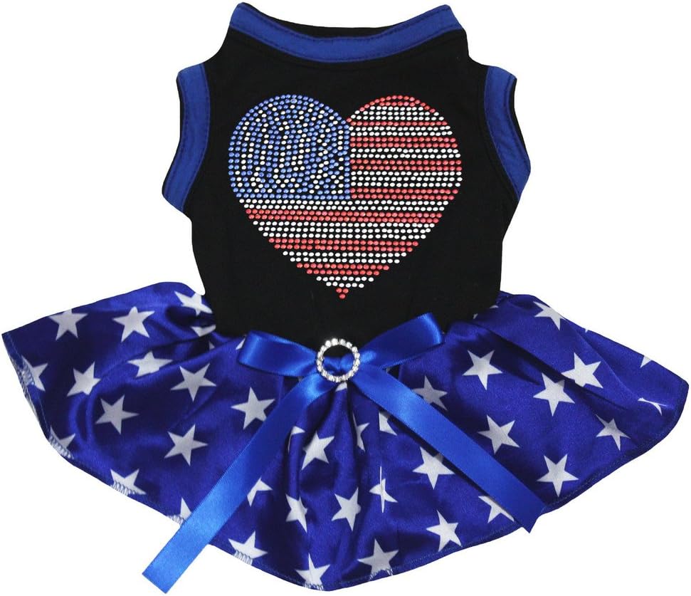 Petitebella Rhinestones USA Heart Black Shirt Blue Stars Tutu Puppy Dog Outfit Dress (Medium)