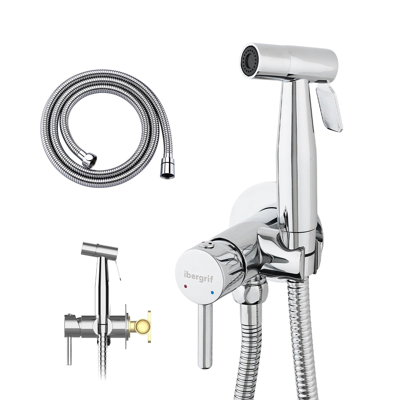Ibergrif M22004 Grifo Empotrado para WC y Bidé – Mezclador Monomando con Ducha de Mano, Soporte de Pared y Manguera de Acero Inoxidable 1.2m, Plata