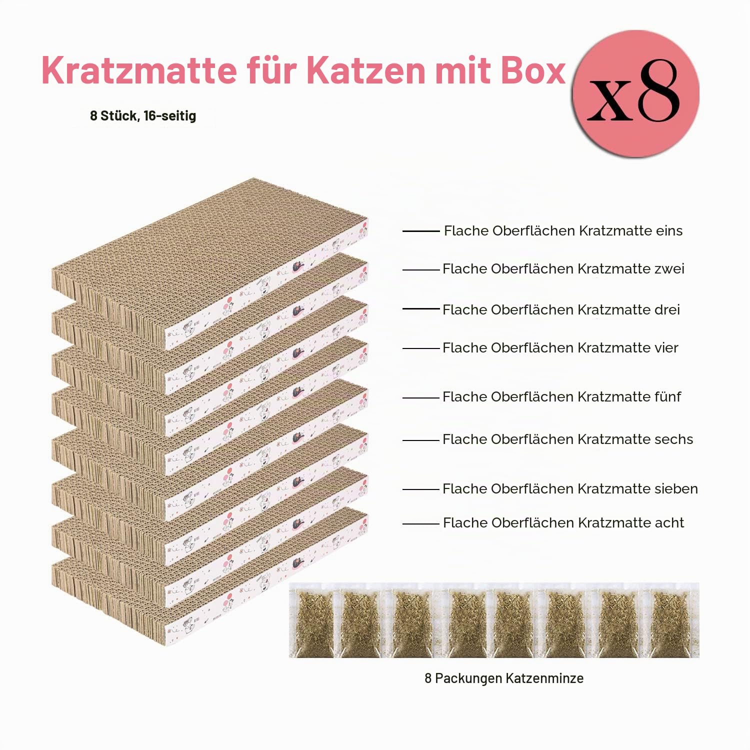 8 Packungen in 1 Katzenkratzkissen, Katzenkratzer aus Karton, wendbar, langlebig, recycelbar, Premium-Kratzer, geeignet für Katzen zum Ausruhen, Krallen Schleifen und Spielen
