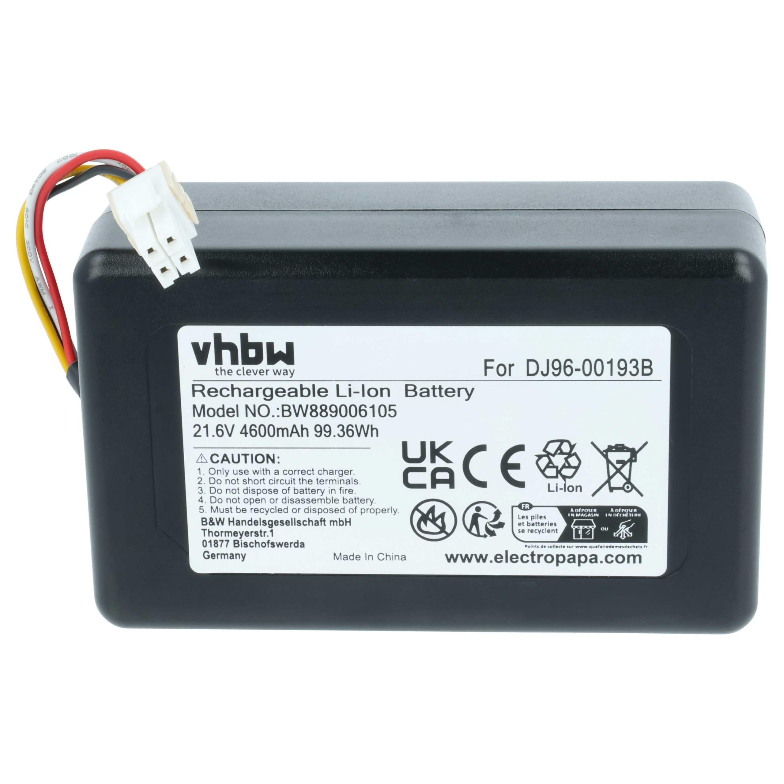 vhbw Akumulator kompatybilny z odkurzaczem Samsung Powerbot VR1AM7010U5/AA, VR1AM7040W9/AA, VR1AM7010UW/AA, VR1AM7040WG/AA (4,6 Ah, 21,6 V, Li-Ion)