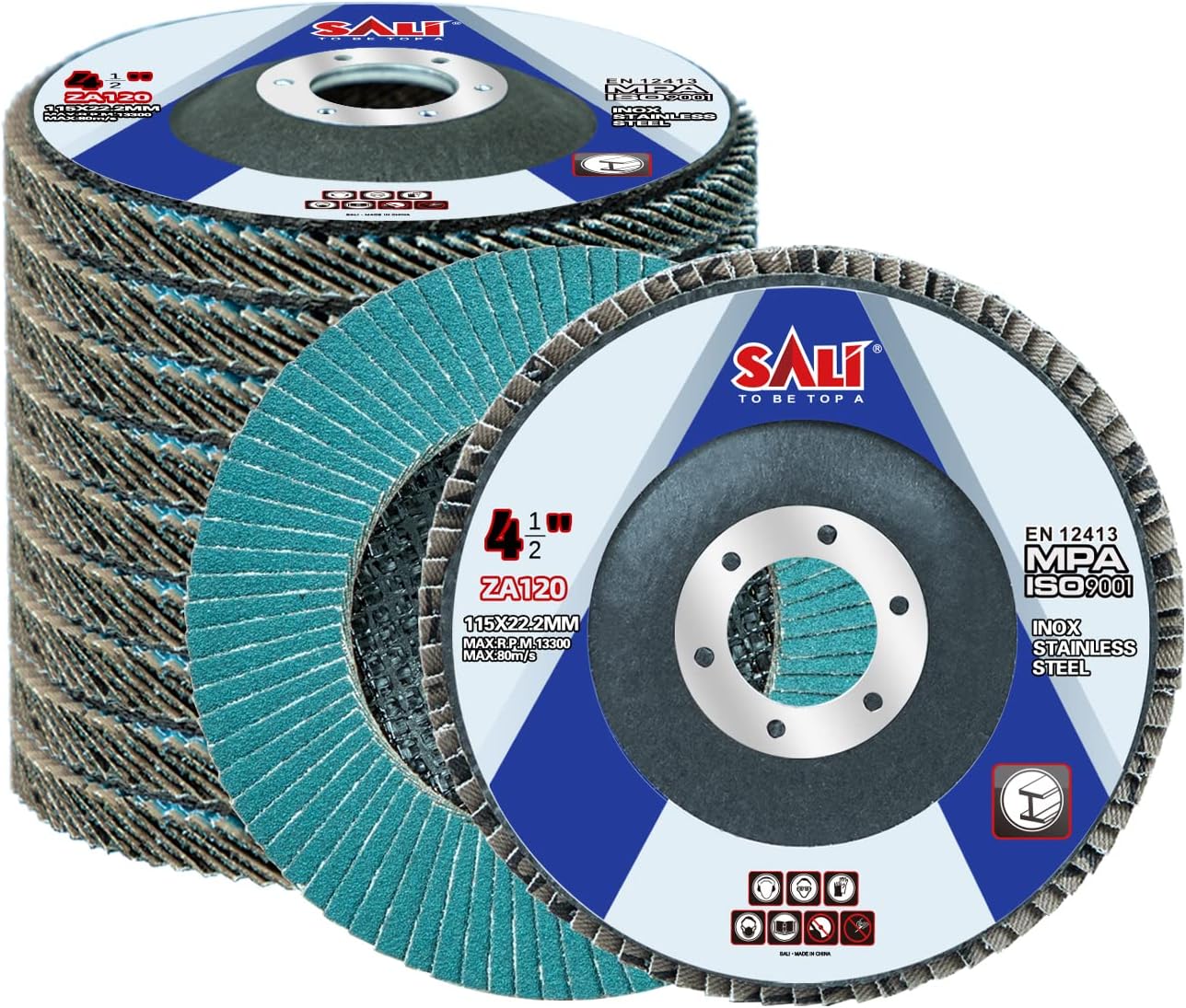 Sali 12 Pack Zirconia Flap Disc 120 Grit 4.5" x 7/8-Inch Sanding Disc Bevel Type #29 Premium and Industrial Grade Angle Grinder Grinding Wheel High Performance Edge Grinding