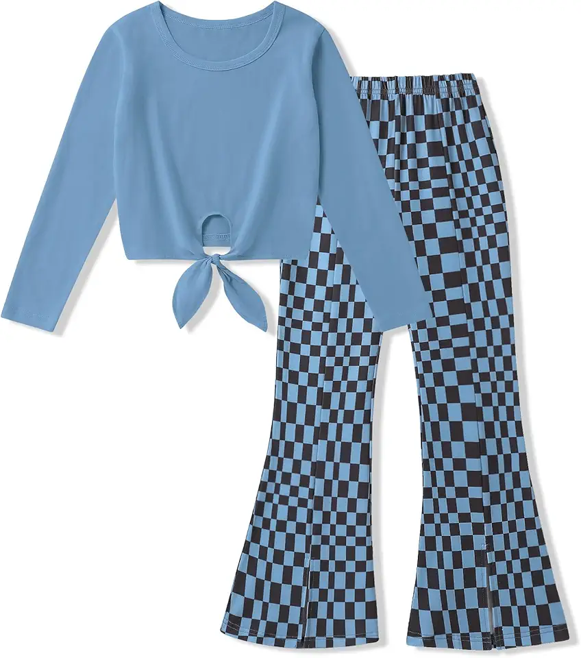 Gaupafmb Girl Clothes Solid Knot Front Long Sleeve Pure T-Shirt Tops Split Flare Pants 2Pcs Toddler Girl Outfit
