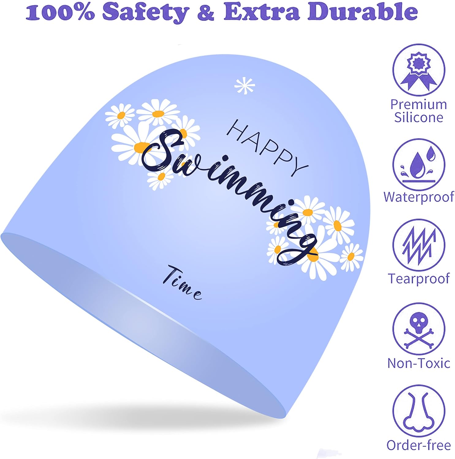 Silicone Swim Cap for Women,Waterproof Bathing Pool Swimming Cap for Long Hair,3D Soft Stretchable Durable and Anti-Slip Cover Ears Swim Cap : Everything Else