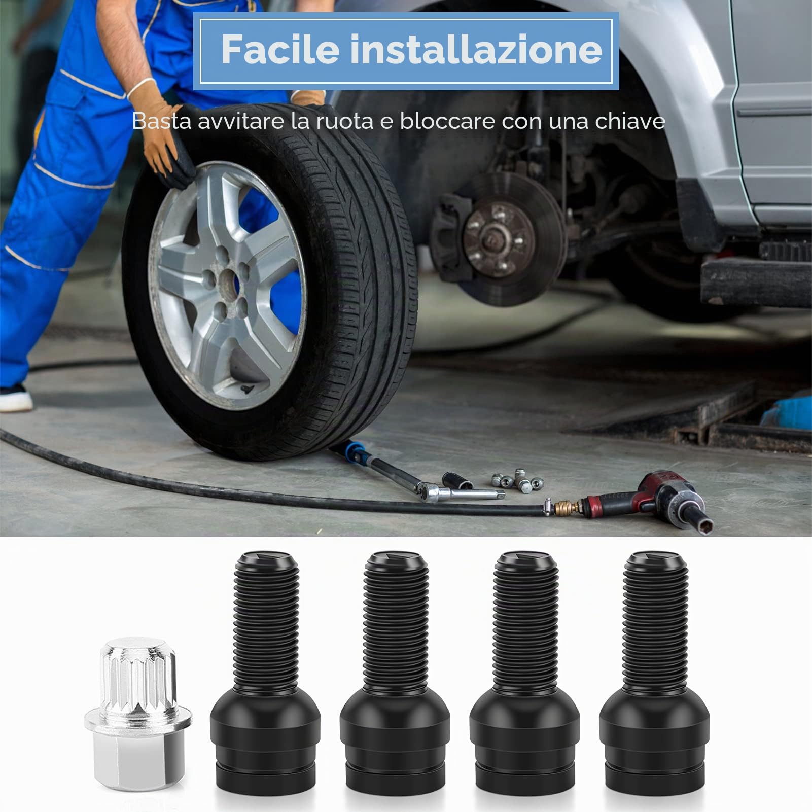 Dado Antifurto Ruota Auto Bullone In Acciaio Nero M14 x 1.5mm, Set Di Dadi Di Sicurezza Bloccabili