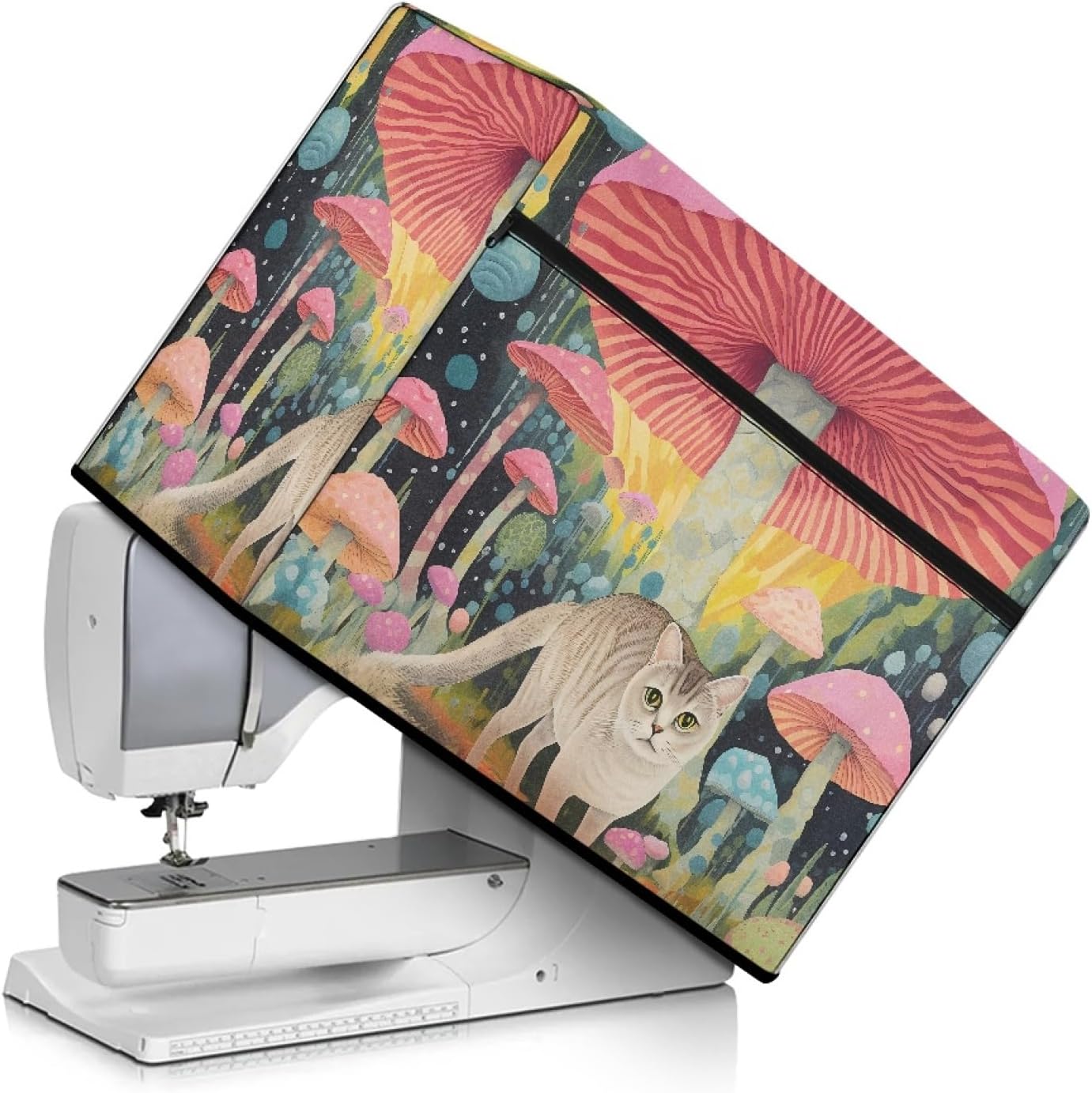 GLENLCWE Cute Cat Pink Mushroom Sewing Machine Cover,Protective Cover with Essentials Storage Pockets,Foldable Dust Cover Compatible with Most Standard Sewing Machines