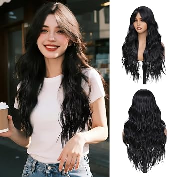 Long Black Wavy Wig with Curtain Bangs for Women 26 Inch Heat Resistant Synthetic Wig Natural Looking Black Wavy Hair for Daily Wear, Party, Cosplay, Halloween