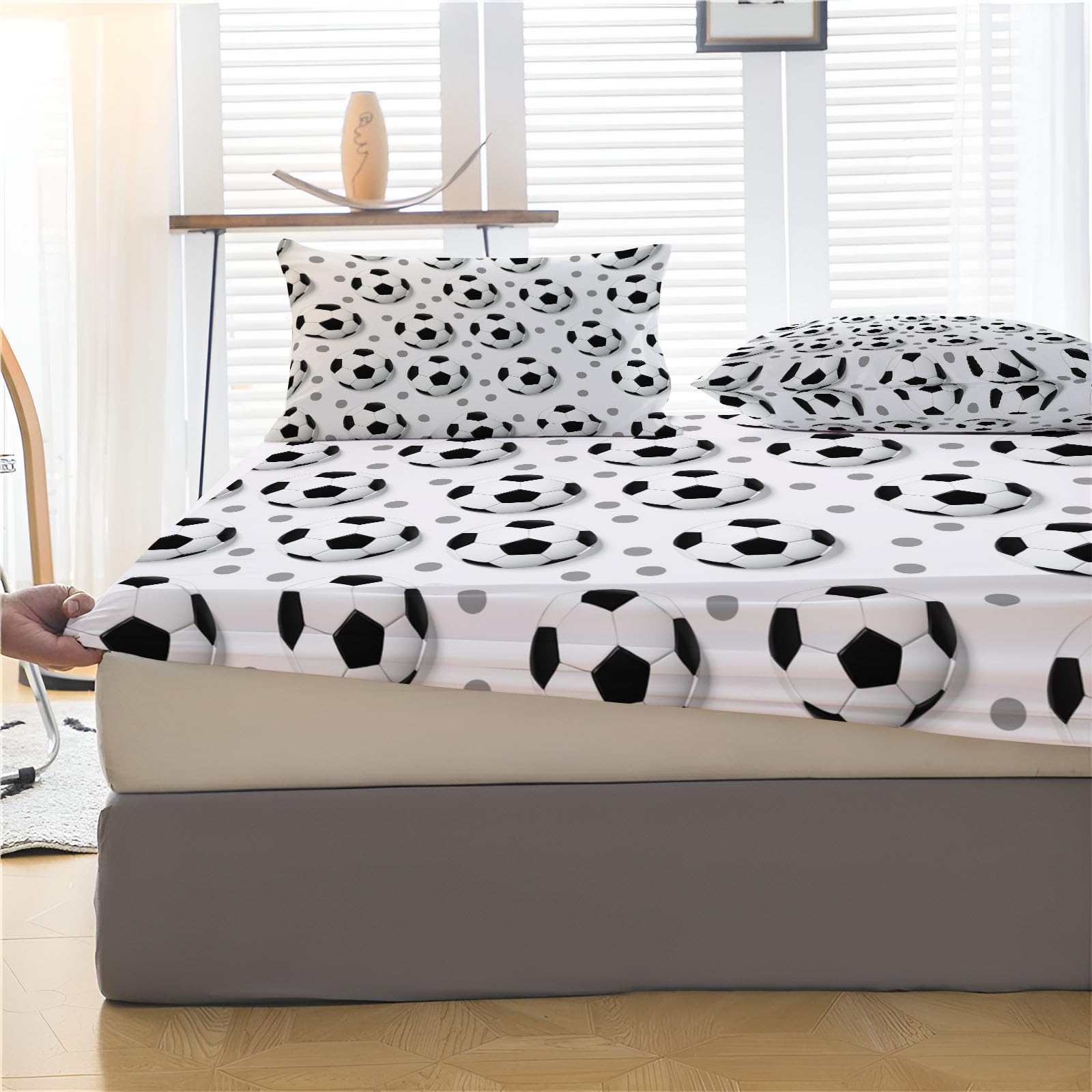Sábanas 200X190/200Cm - Juego De Sábanas 3 Piezas Estampadas Fútbol De Lunares 3D - Microfibra Suave Transpirable - Sábana Bajera Ajustable - Ropa De Cama Deportes Divertidos (Blanco Y Negro)