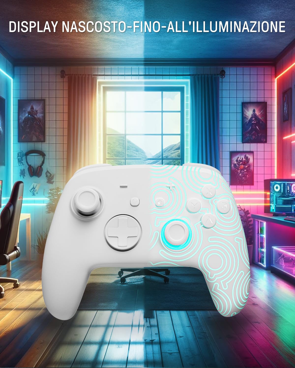 Firefly Controller Switch Wireless Compatible con Nintendo Switch 2/OLED/Lite, Switch Pro Controller Bluetooth con 7 LED Colorati/Turbo/Controllo Motorio - Bianco