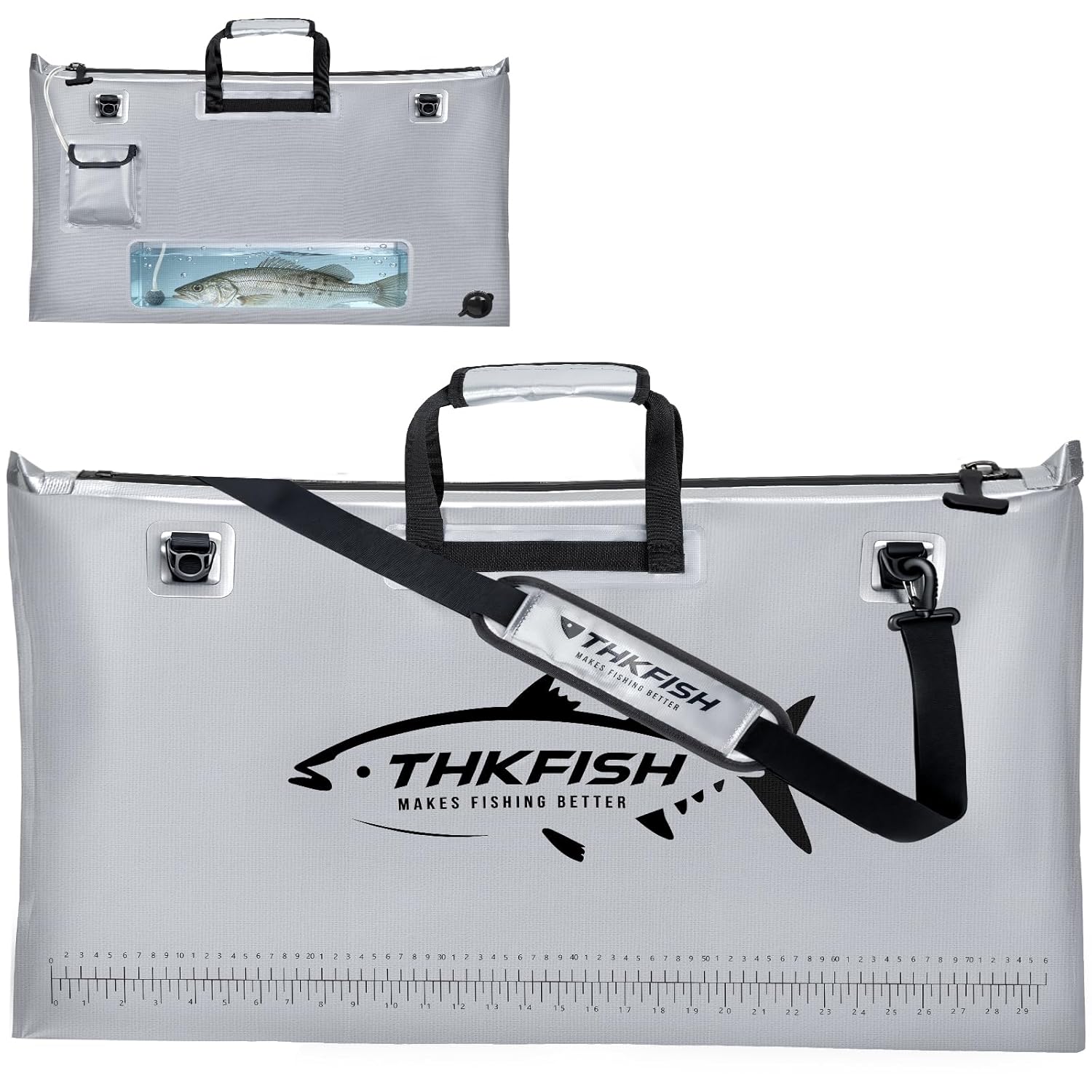 THKFISH Fish Tournament Weigh in Bag for Bass Fishing, Heavy Duty Insulated Live Fish Bag for Caught Fish with Waterproof Zipper and Mesh Liner, Leakproof,Puncture Resistant(Silver-32×19.7in)