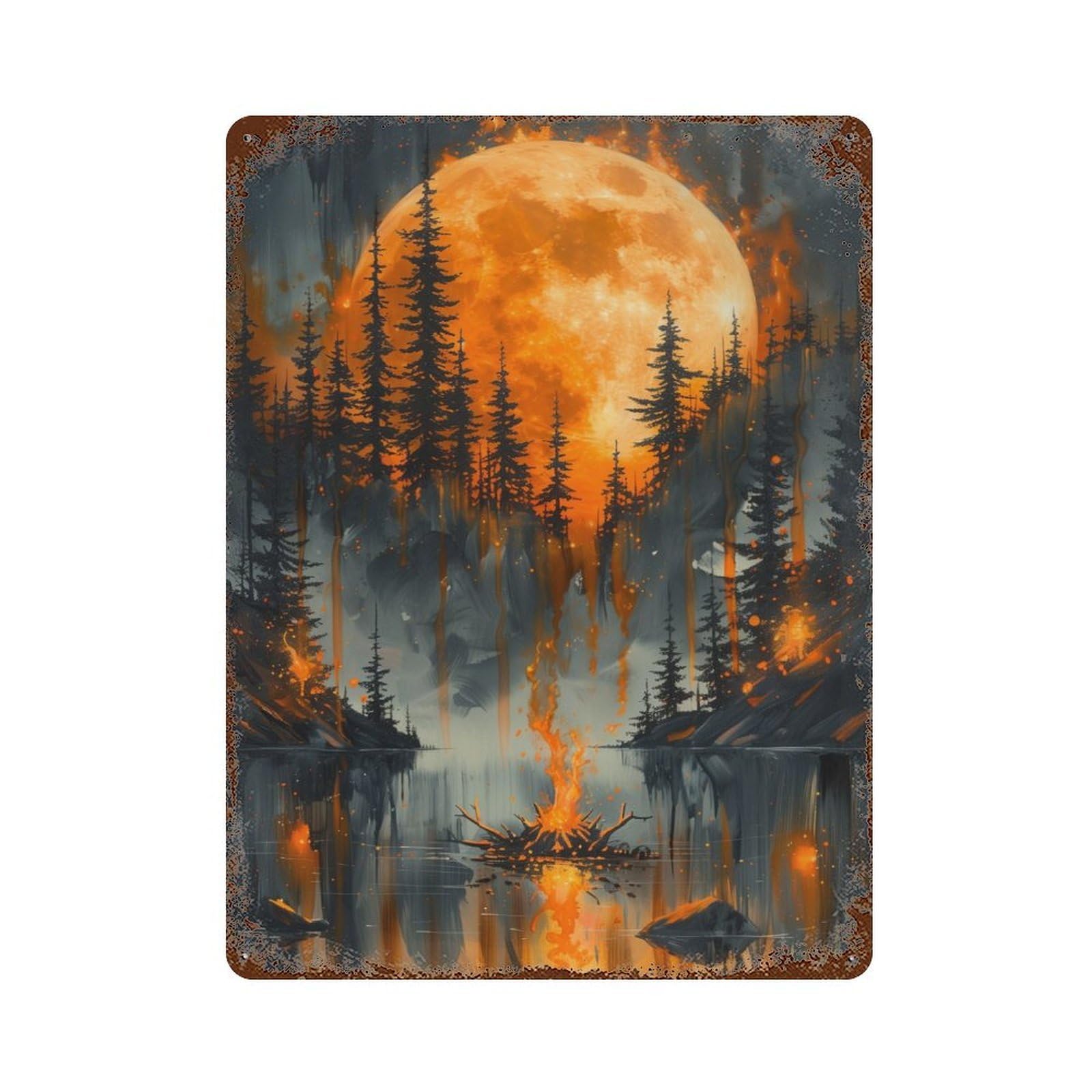 Fiery Moon Forest Rusty Metal Tin Sign 15.7"x11.8", for Basement, Hobby Room And Garage Decor, Retro Wall Decor