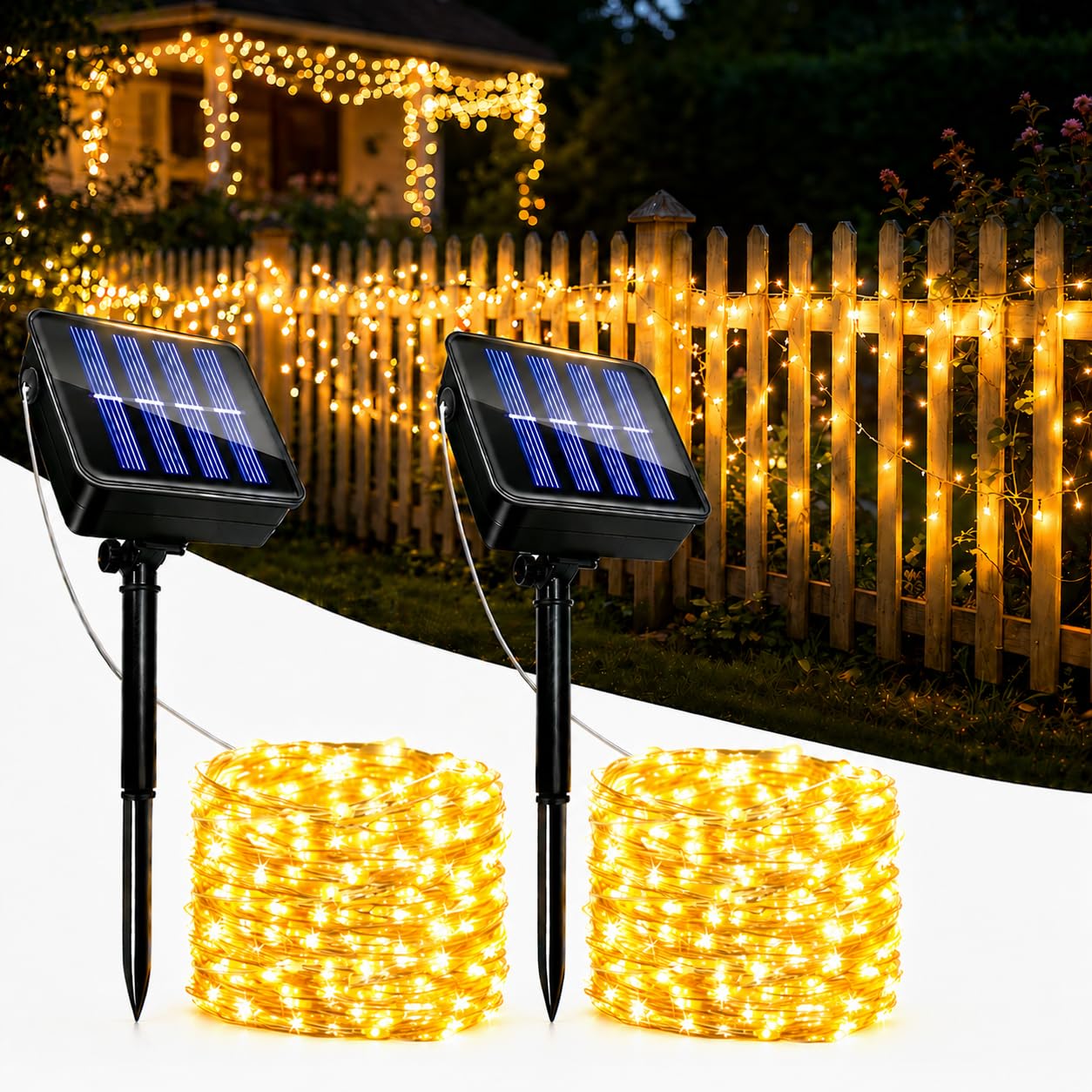 Guirnalda LED Solar Exterior 2Pack 15M, Luces Solares con Alambre de Cobre, 8 Modos Cadena Lámparas Blanco Cálido, Impermeable IP65 para Jardín,Fiesta,Boda Decoración