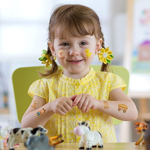 Miniatura 6 de ADXCO 144 tatuajes para fiesta de granja, tatuajes temporales de animales de granja con purpurina dorada para niños, decoración de cumpleaños,