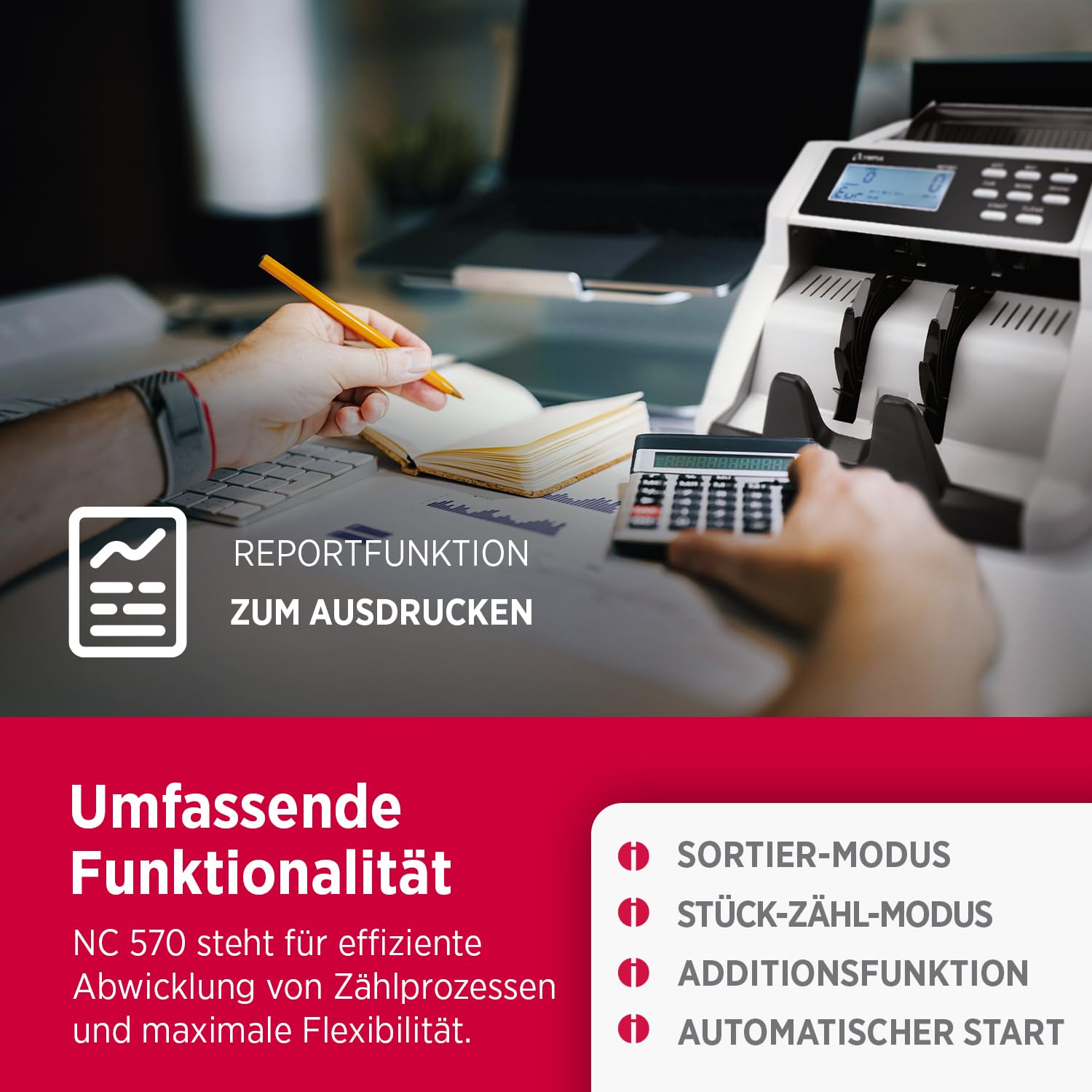 Olympia NC 570 Geldzählmaschine (für Scheine, Echtheitsprüfung, Gemischte Banknoten, LCD-Display, Geldzähler-Maschine für Euro, Dollar, Pfund etc., Profi Geldscheinzähler mit Sortiermodus)