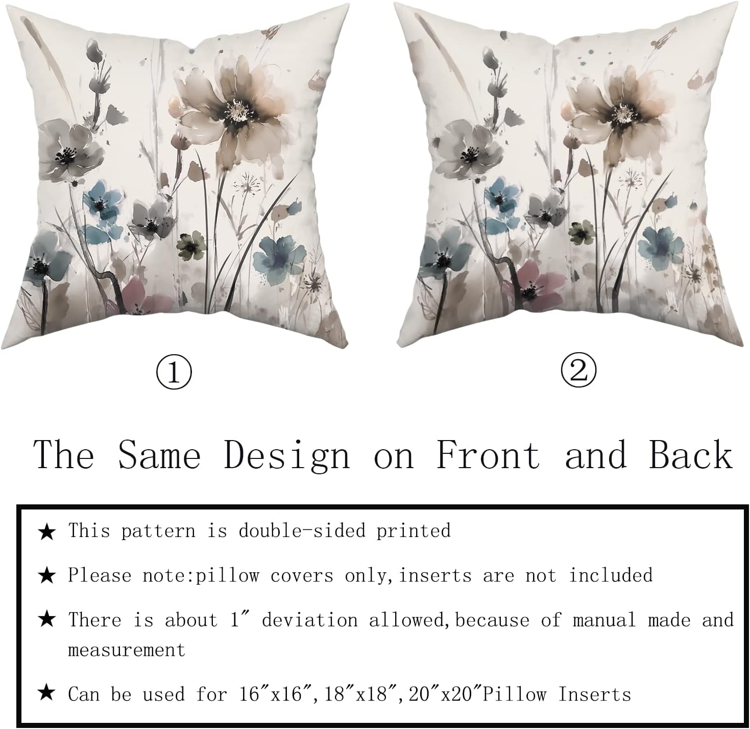 Sweetshow Watercolor Brown Grey Floral Pillow Covers 18x18 Rustic Color Cream Gray Blue Flower Print Decorative Throw Pillows Modern Art Farmhouse Pillowcase Cushion Case Set of 2, (518-23230001) - Image 5