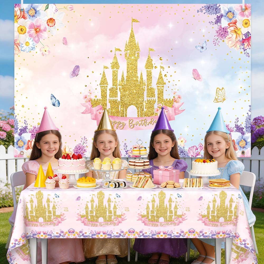 AIBIIN 3 Pack Princess Tablecloth Birthday Decorations Pink Gold Castle Table Cover Decorations Disposable Plastic Rectangle Floral Table Cloth for Princess Birthday Party Supplies 54 x 108 Inch