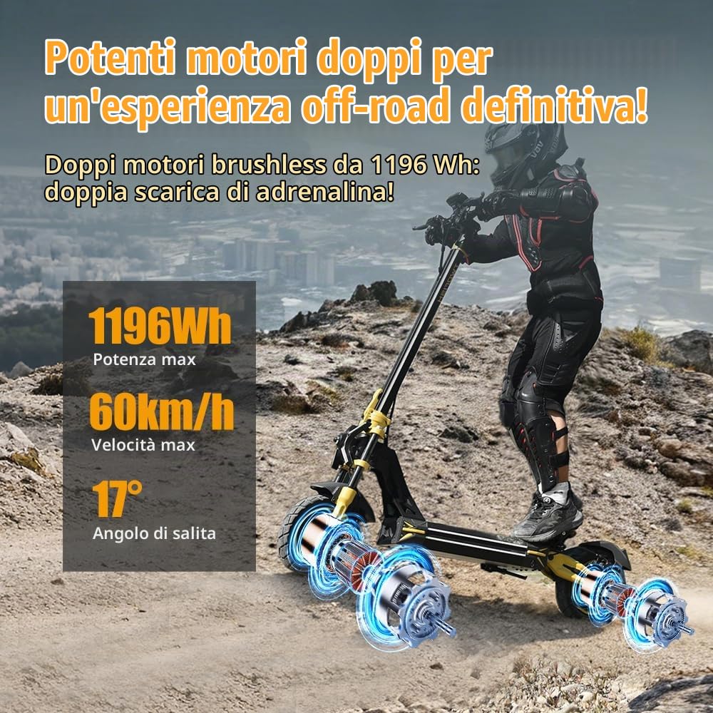 TW3PRO Monopattino Elettrico Doppia Trazione, 52V 23Ah, 45-55Km Autonomia | Limite Di Velocità Sbloccabile, Display Ad Alta Definizione, Pneumatici 11", Sblocco NFC, Doppia Sospensione&Freno a Disco