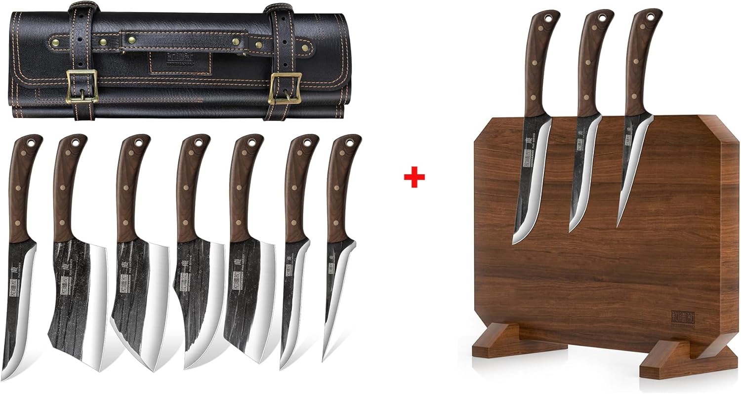 HOSHANHO Butcher Knife Set 8 Pieces & Thickened Acacia Wood Kitchen Knife Holder Stand with Strong Magnets
