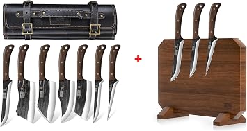 HOSHANHO Butcher Knife Set 8 Pieces & Thickened Acacia Wood Kitchen Knife Holder Stand with Strong Magnets