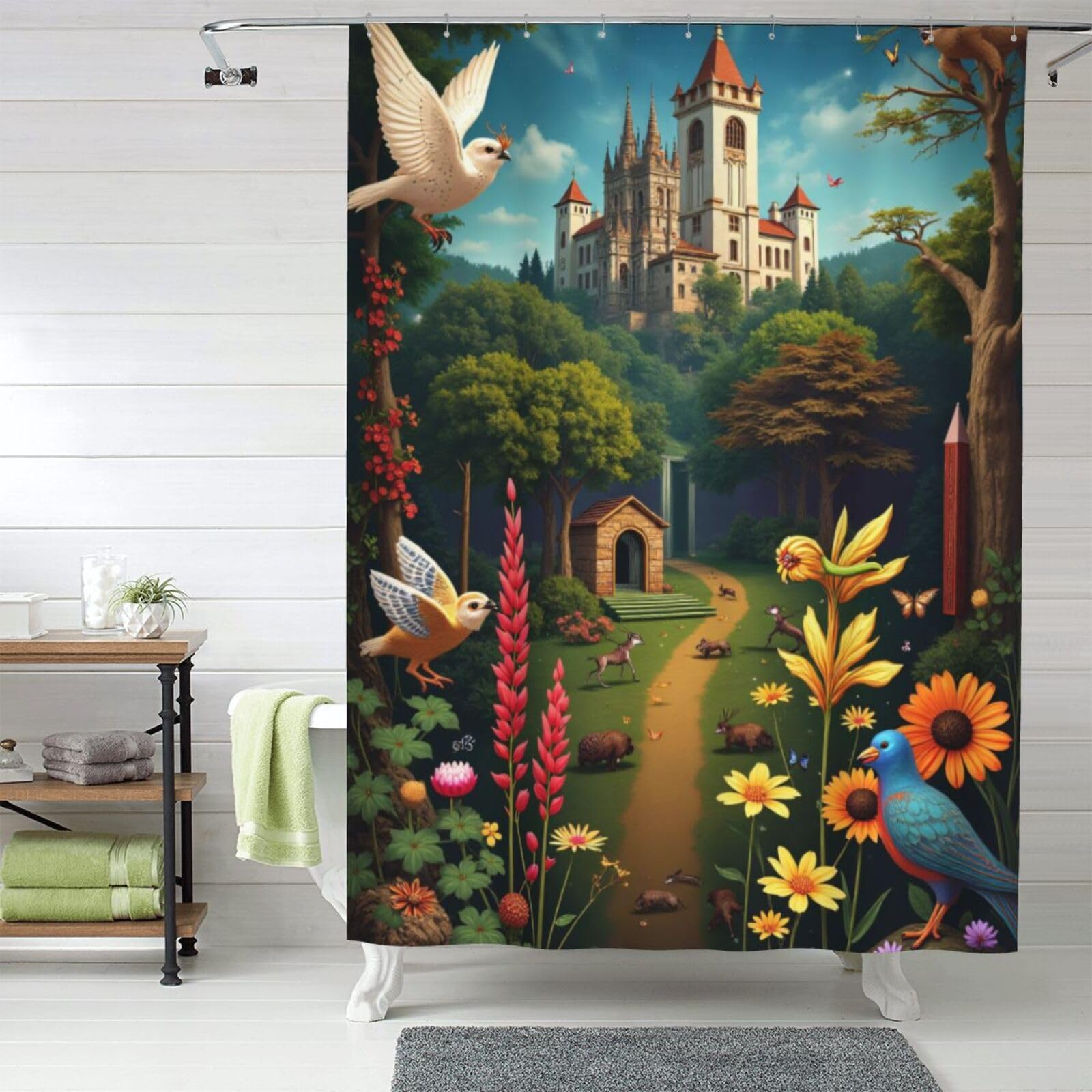 Rideau de douche opaque en tissu anti-regards motif château mignon 152x183 cm avec anneaux